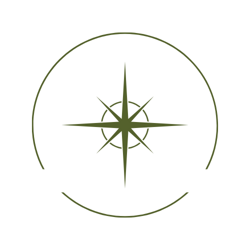 A green compass rose with a circular border.