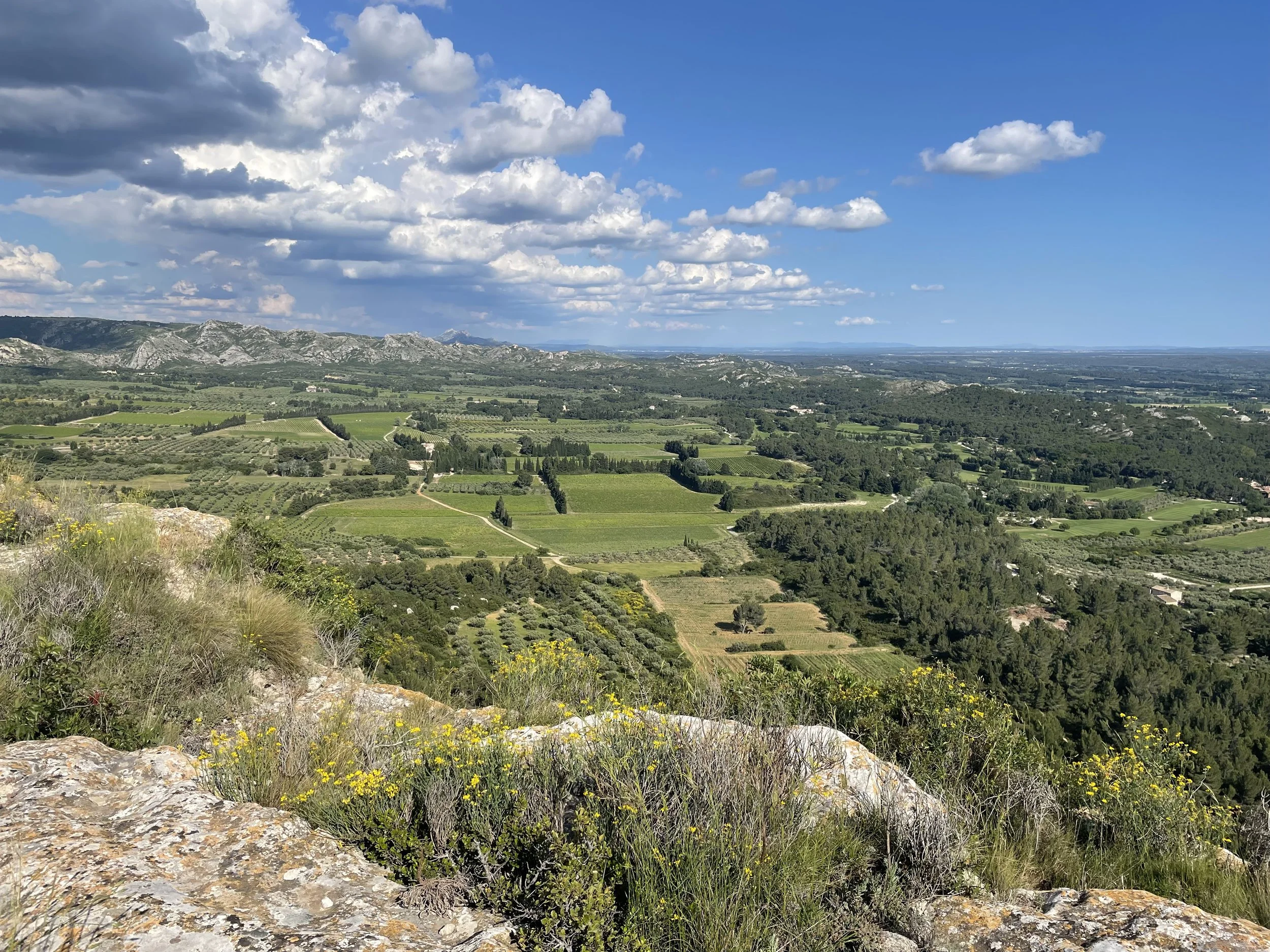 A scenic view of a green landscape with fields, trees, and mountains in the distance under a partly cloudy sky - Les Baux de Provence, Alpilles, Provence, France.