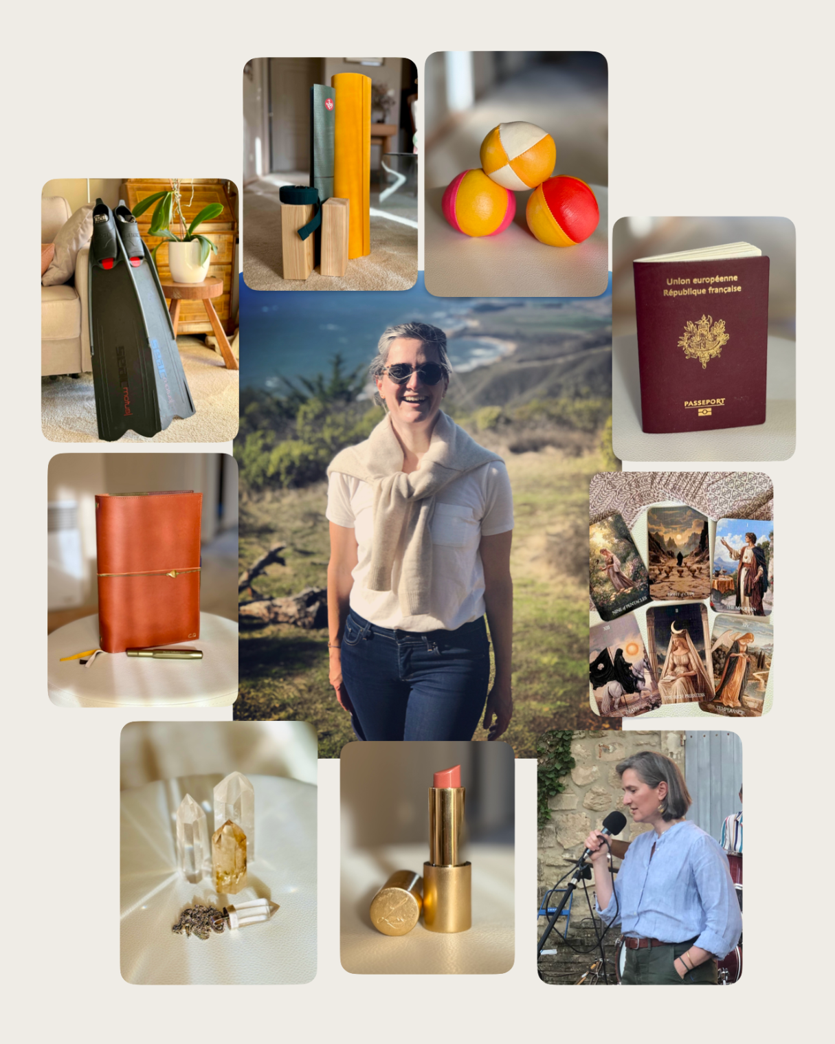 A collage including a smiling woman outdoors, a woman speaking into a microphone indoors, travel-related items like a passport, tarot cards, and crystals, a notebook, lipstick, a woman in hiking gear, and children's toys.