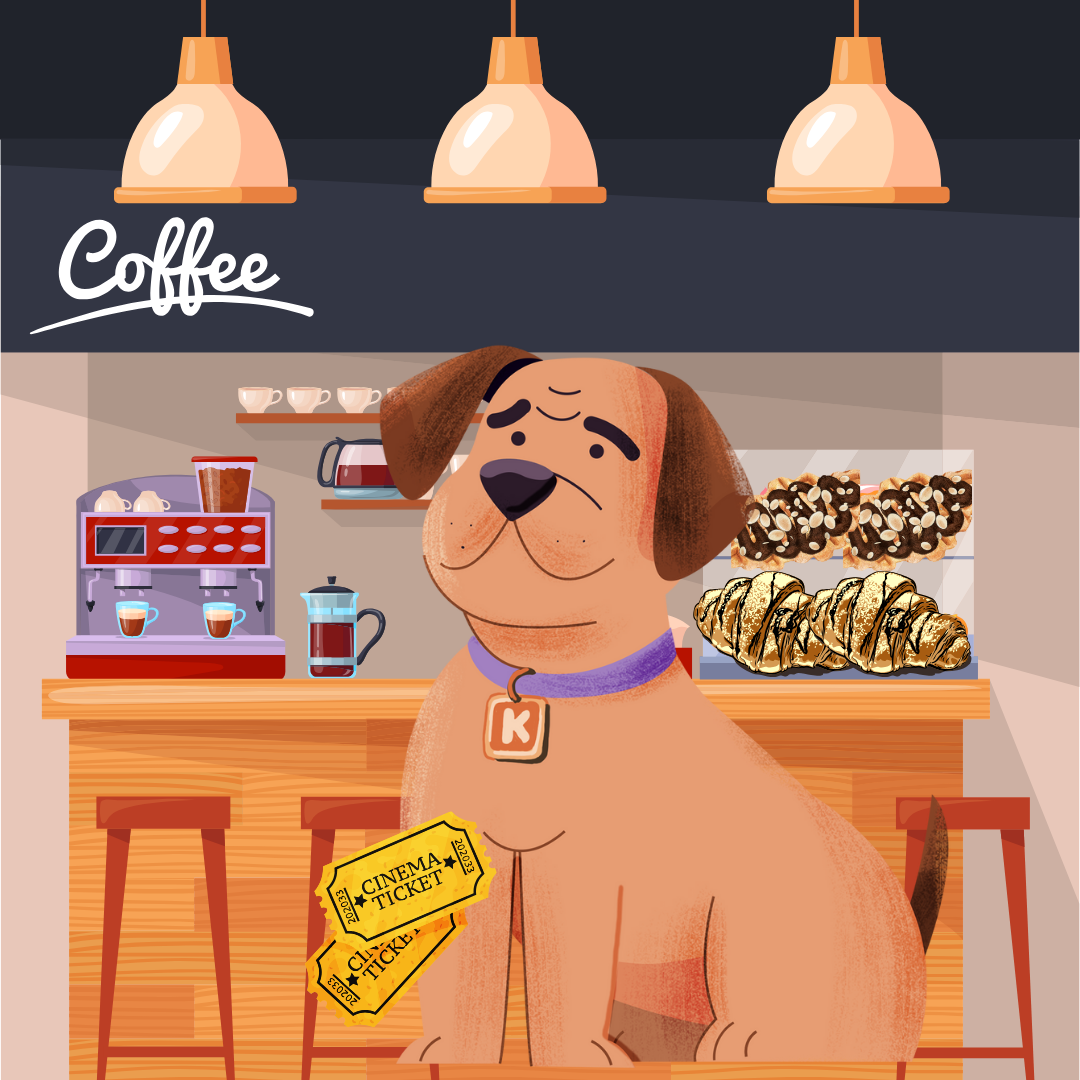 An animated dog with a purple collar and a tag stands behind a coffee counter with pastries. The background shows coffee cups, a coffee machine, and three hanging light fixtures. The dog has a sad expression and tickets hanging from its collar.