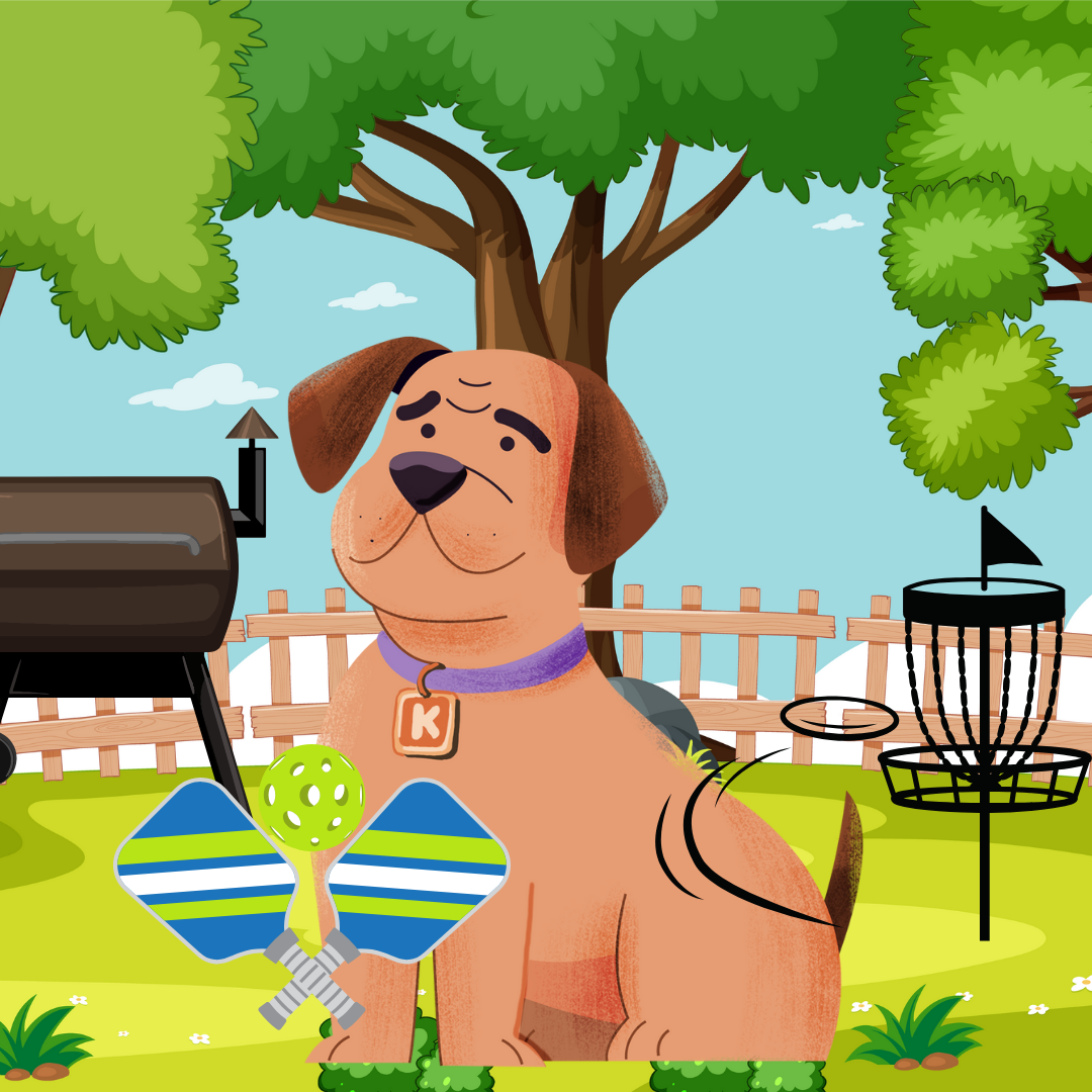 A cartoon dog sitting outdoors with a large tree and a wooden fence in the background. The dog is wearing a purple collar with a tag labeled 'K' and is surrounded by outdoor toys including a green ball and two paddles with a ball, and a disc golf basket.