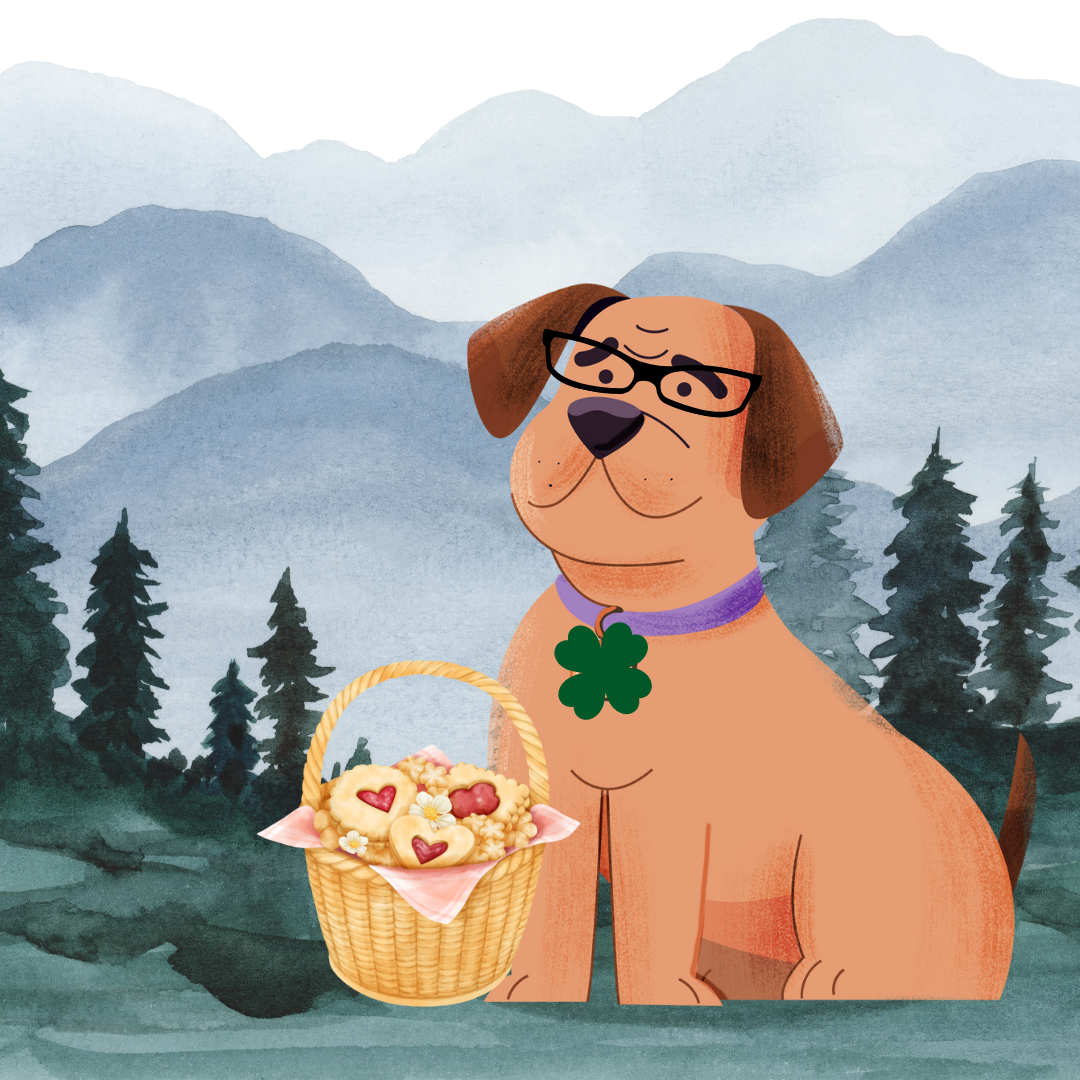 Cartoon dog wearing glasses and a purple collar with a green four-leaf clover pendant, sitting outdoors in a mountain landscape, holding a basket of cookies decorated with hearts and flowers.