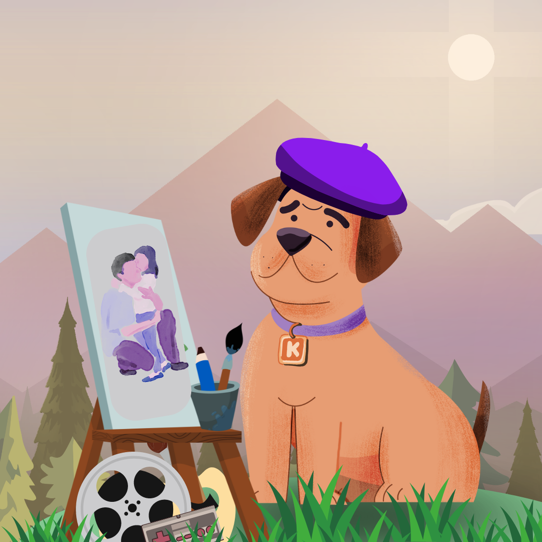 An animated dog wearing a purple beret and purple collar with a letter 'K' stands outdoors in a mountainous landscape, painting a picture of two young people hugging, with art supplies and a film reel nearby.