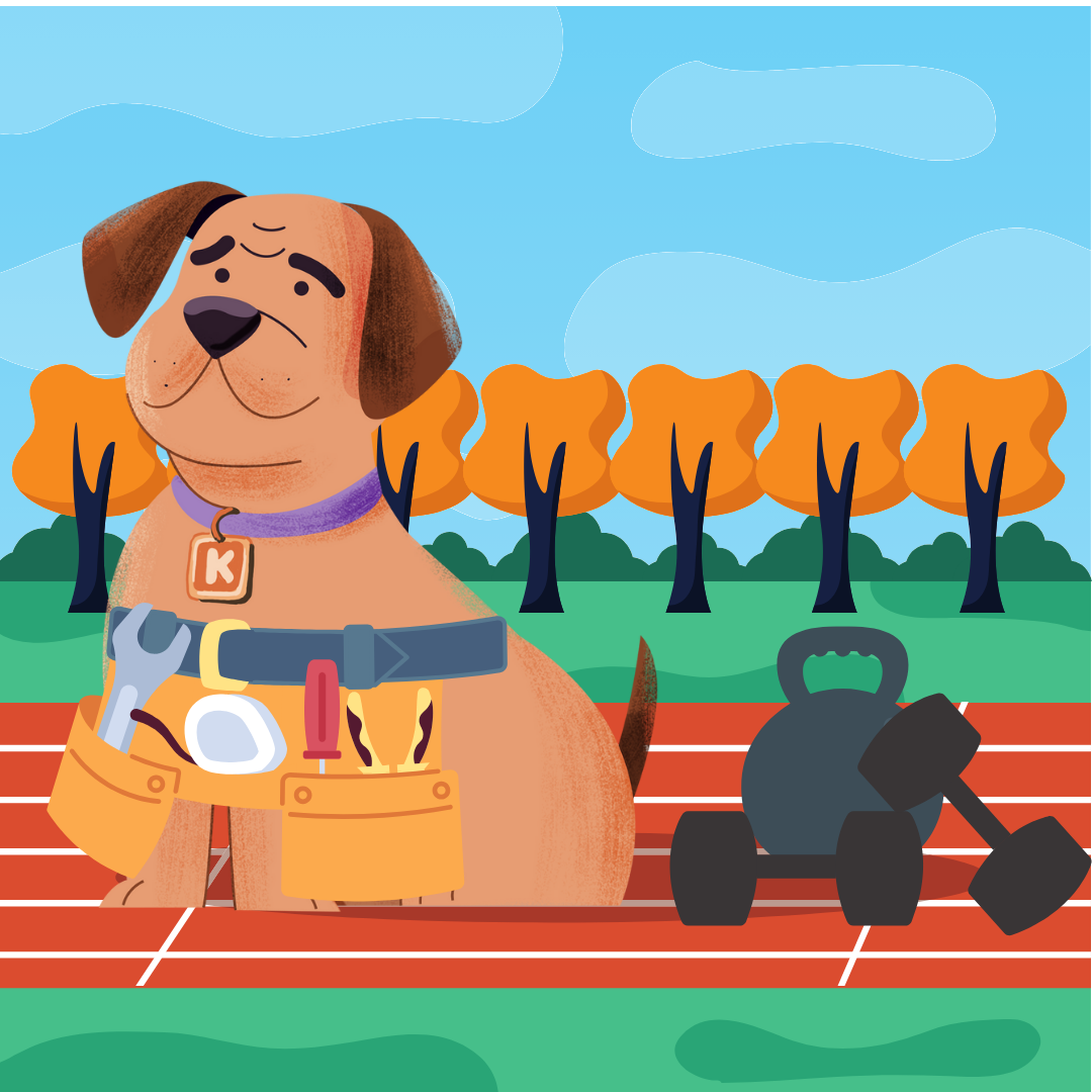 Cartoon dog with a wrench and tools, standing on a running track with a kettlebell and a dumbbell nearby, trees in the background, under a blue sky.