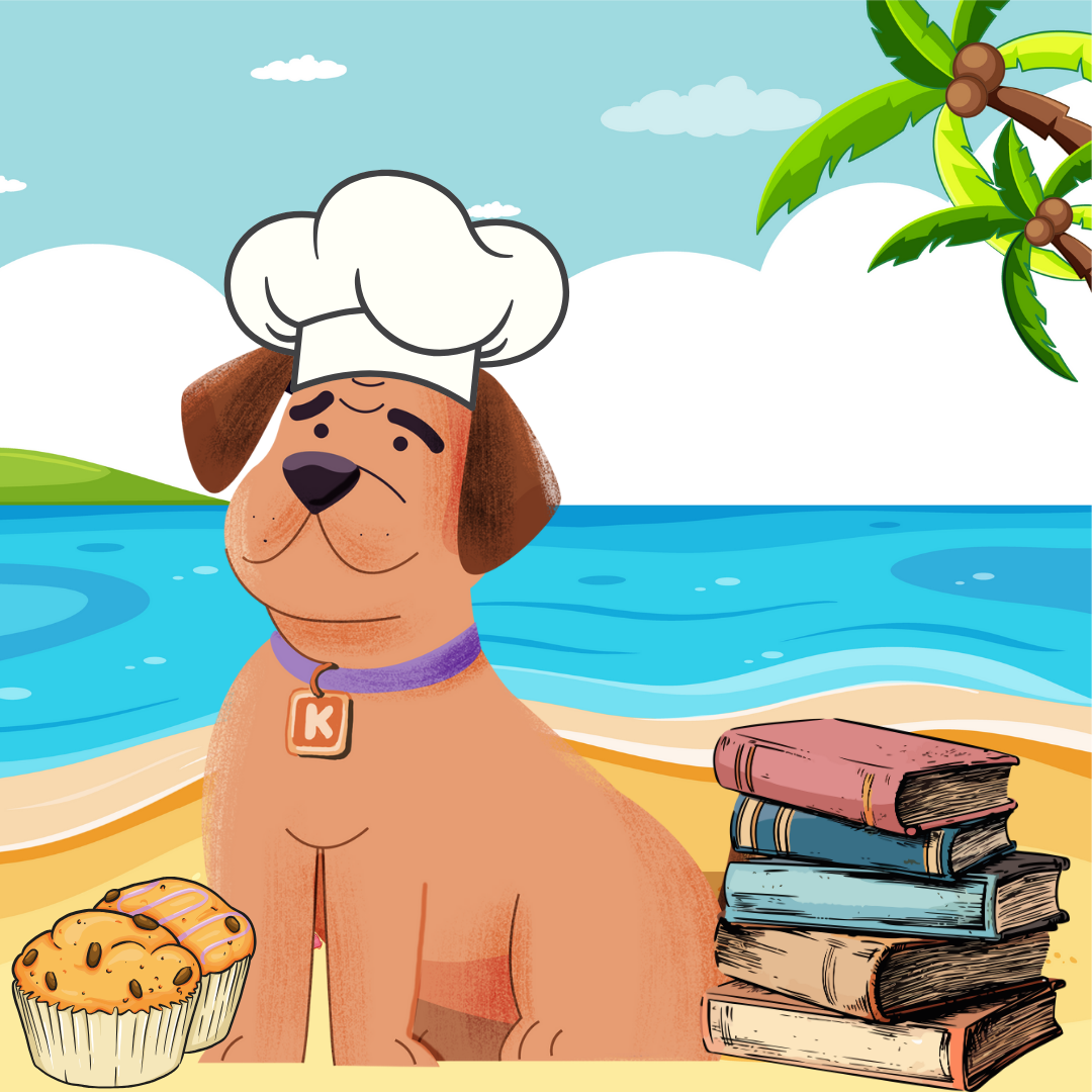A cartoon dog wearing a chef's hat sitting on a beach with a muffin, a stack of books, and palm trees in the background.