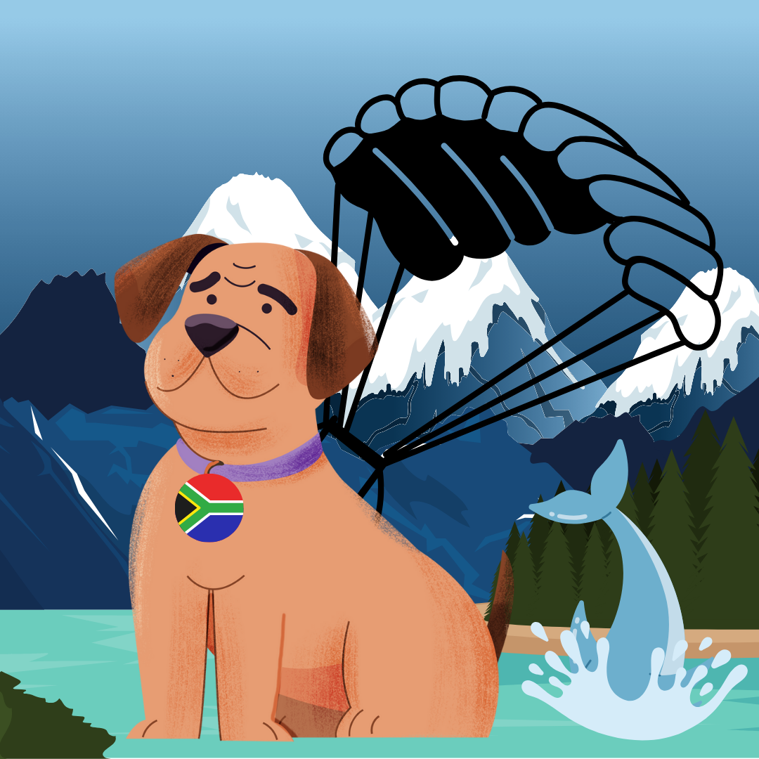 A cartoon dog with a South African flag pendant, a parachute behind it, a mountain and snowy landscape in the background, and a dolphin jumping out of water.