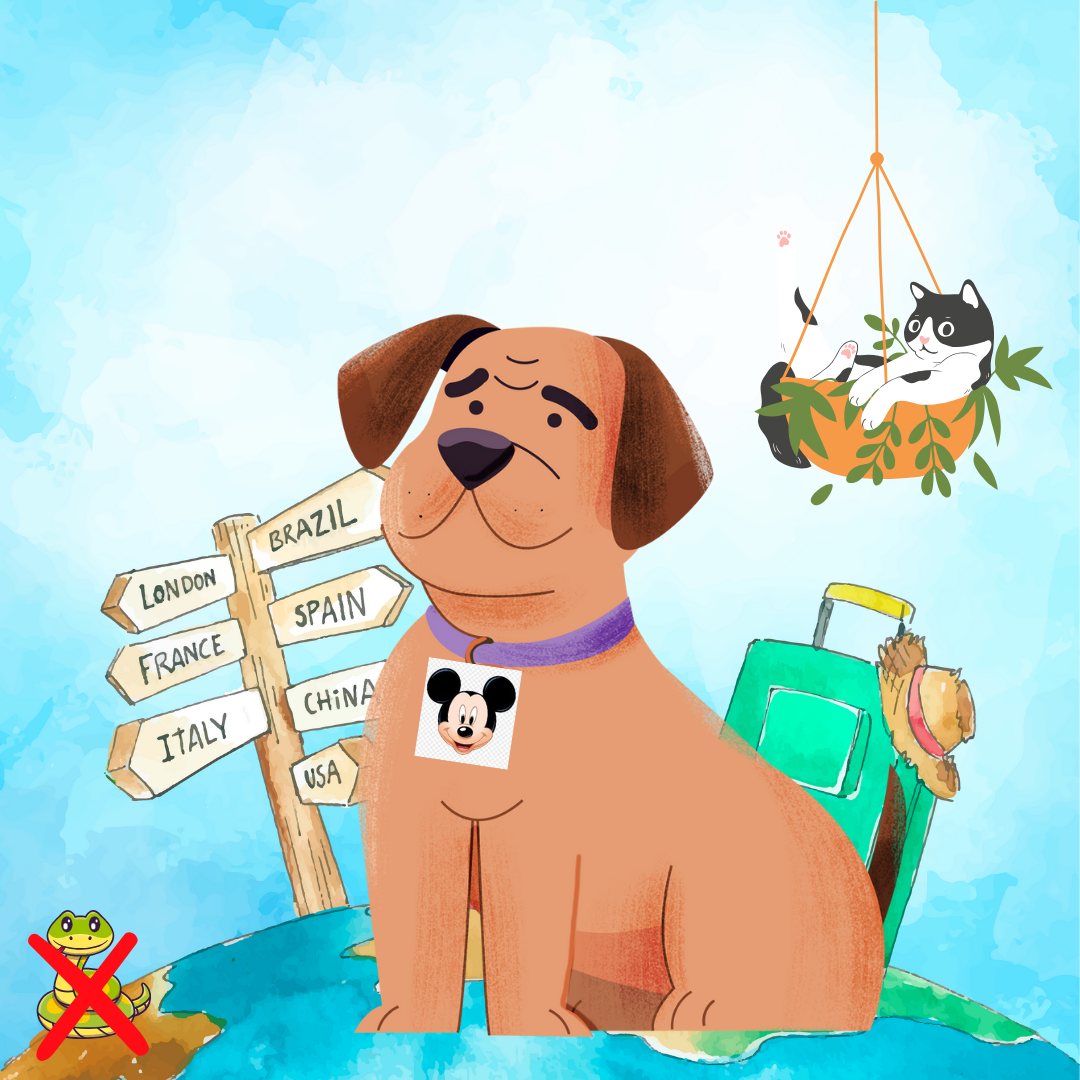 Illustration of a sad dog with a Mickey Mouse badge, travel luggage, and a nearby signpost pointing to various countries, with a hanging cat in a hammock and an animated snake with a red prohibition sign in the foreground.