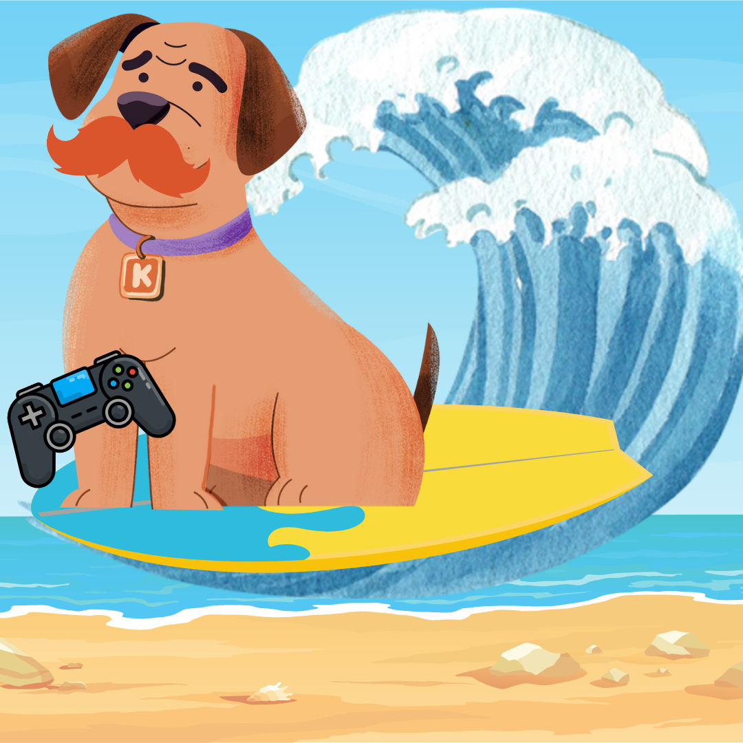 Cartoon drawing of a dog with a red mustache and a purple collar, sitting on a yellow surfboard with a game controller, in front of a big ocean wave on a beach.
