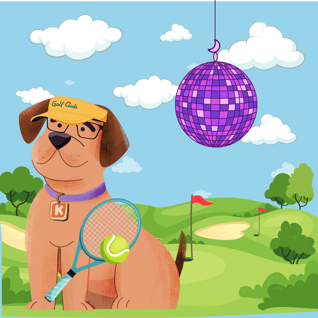 A cartoon dog wearing glasses, a yellow golf cap that says 'Golf Club,' a purple collar with a tag, and holding a tennis racket with a tennis ball. The background shows a golf course with flags, trees, clouds, and a purple disco ball hanging in the sky.