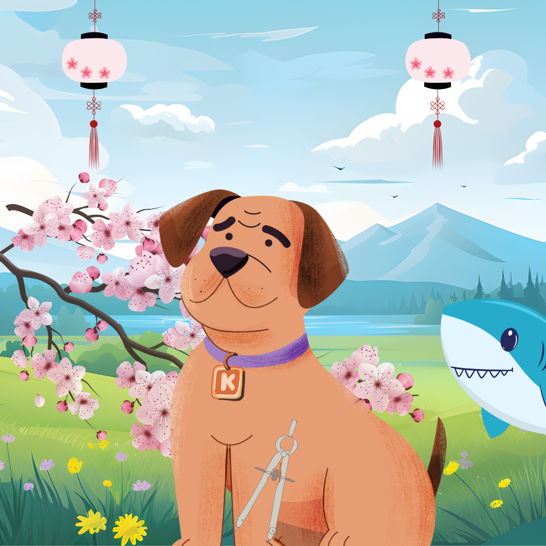 Cartoon dog with a purple collar and a letter 'K' tag, near blooming cherry blossoms and a mountain with a lake in the background, in a scenic landscape with a shark in the water and hanging lanterns in the sky.
