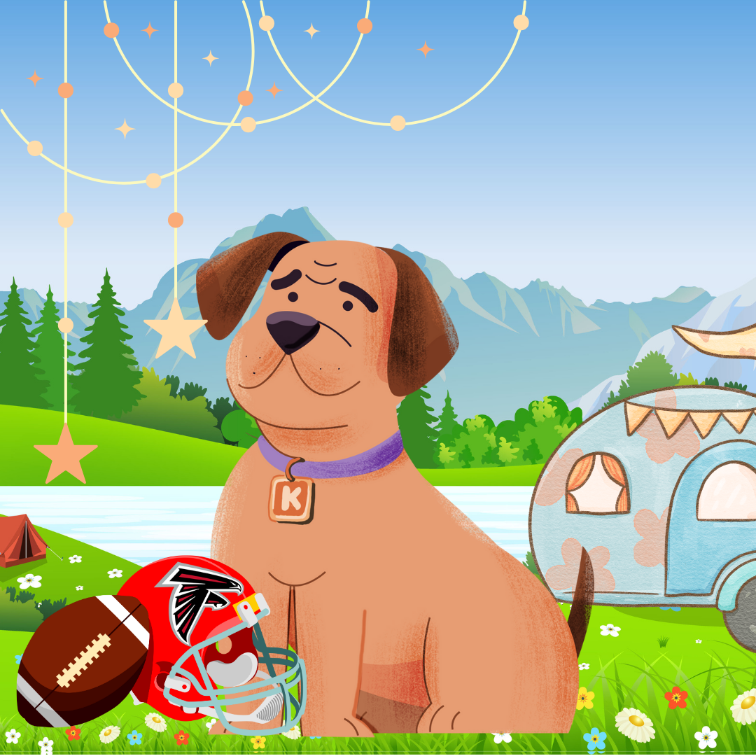 Cartoon puppy with a purple collar and a letter 'K' tag sitting on green grass with sports equipment, including a football, a helmet with the Atlanta Falcons logo, and a football knee brace, near camping tents and a campertrailer against a mountain and lake backdrop with decorative hanging stars and moons.