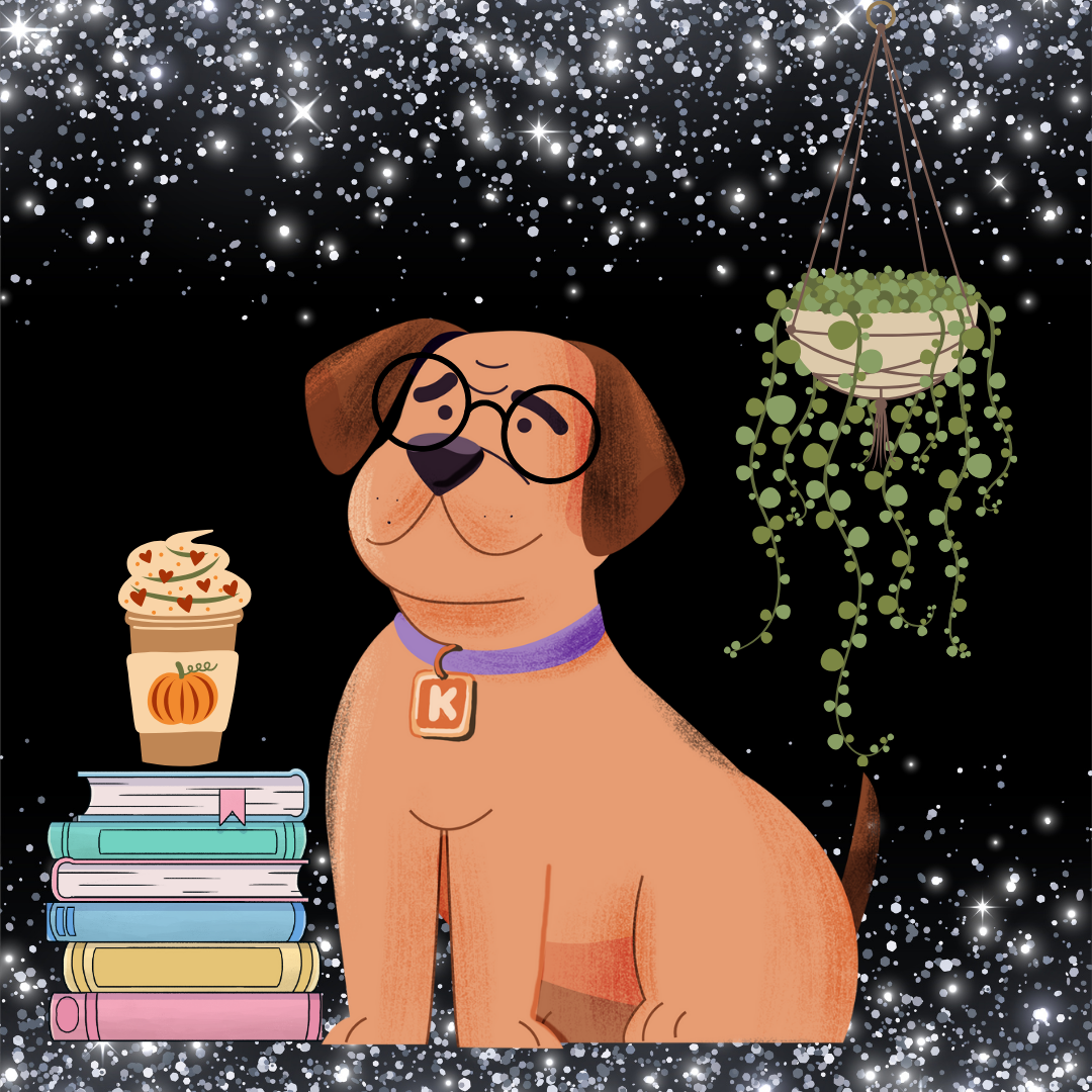 An illustrated dog wearing glasses and a purple collar with a gold dog tag sitting next to a stack of books and a pumpkin spice latte. There is a hanging plant to the right and a starry, sparkling background.