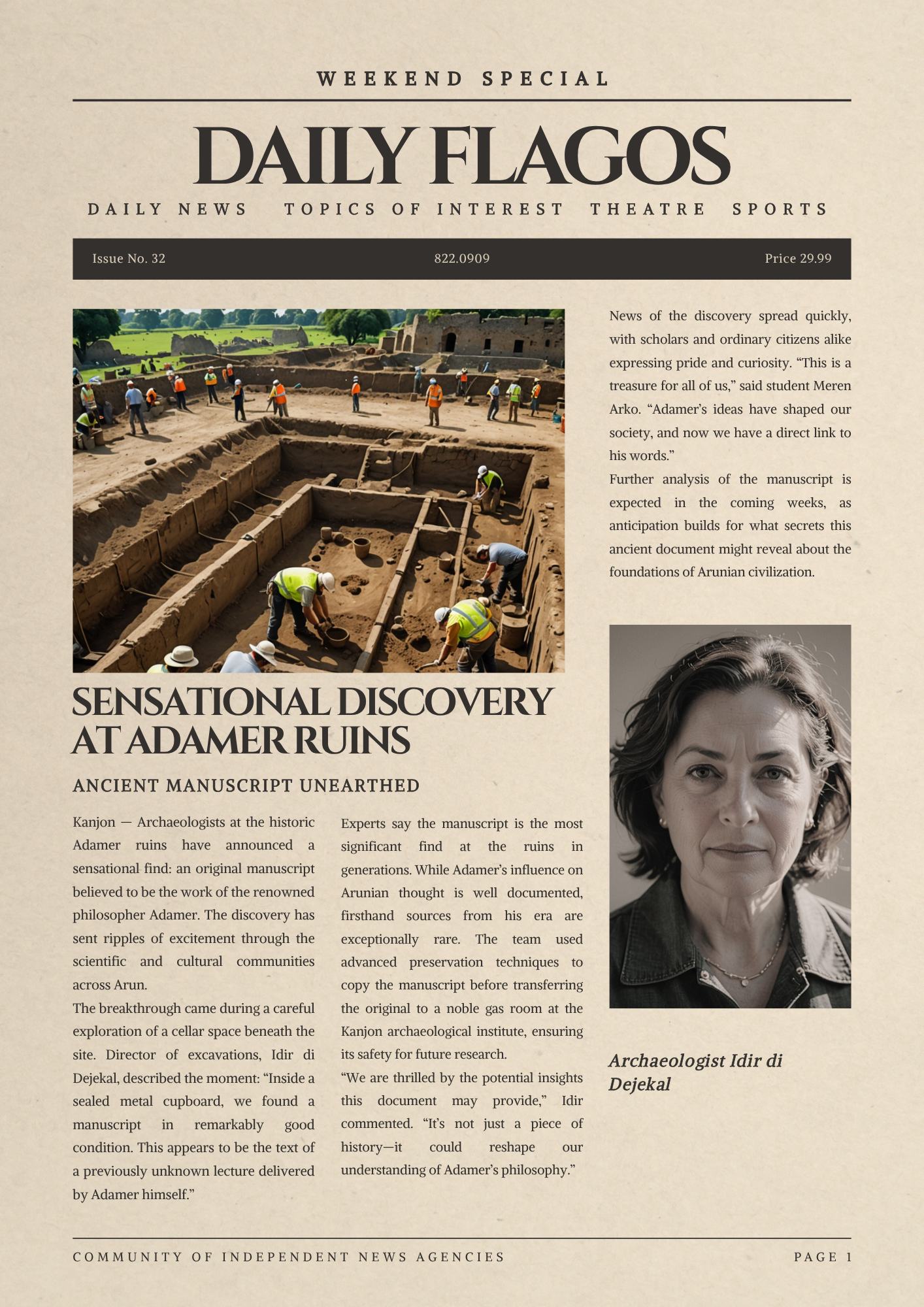 A newspaper front page with the headline "SENSATIONAL DISCOVERY AT ADAMER RUINS" showing an archaeological dig site with workers and excavation trenches, and a photo of a woman with short dark hair.