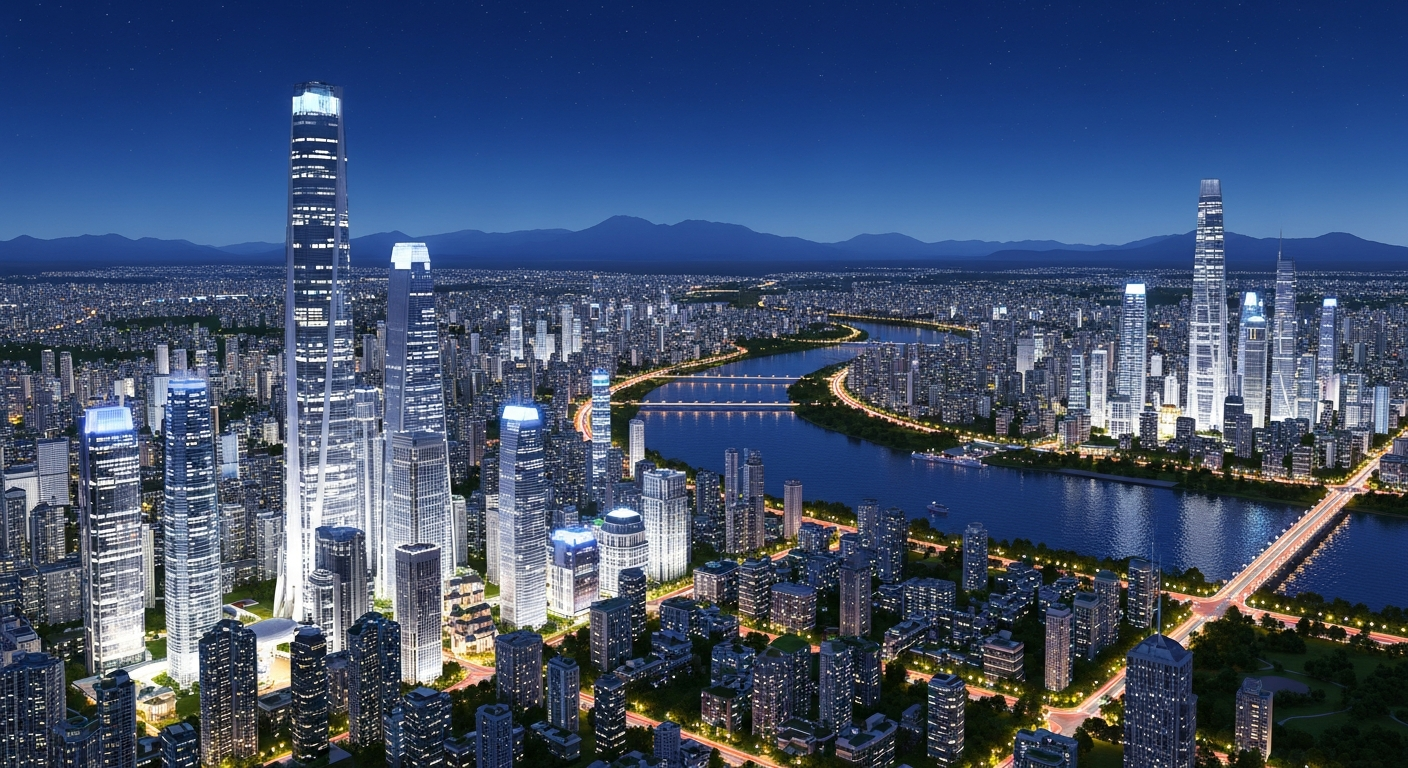 Aerial view of a city skyline at night with illuminated skyscrapers, a river running through the city, and mountains in the background.