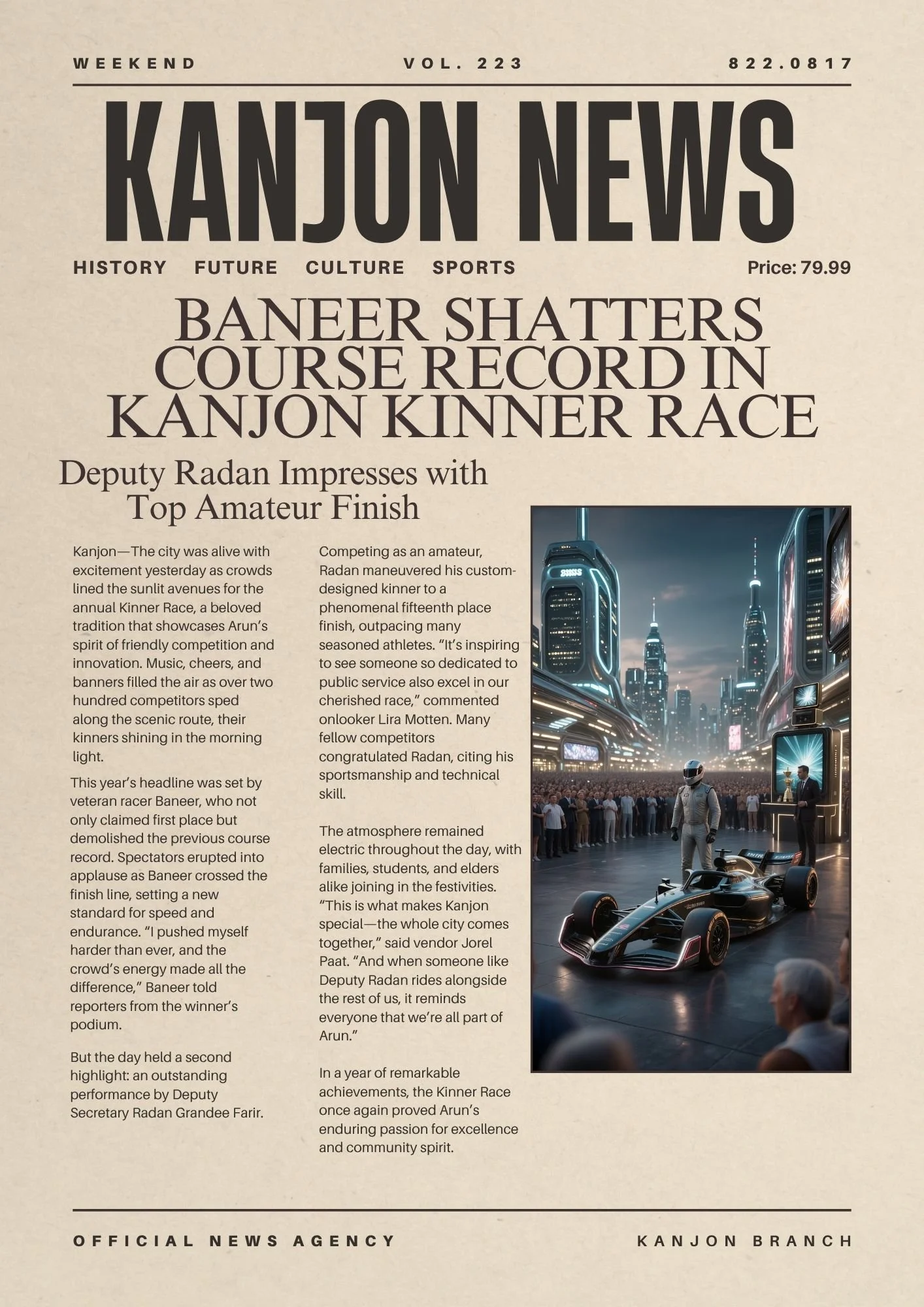 Front page of a newspaper titled 'Kanjon News' with the headline 'Baneer Shatters Course Record in Kanjon Kinner Race.' Includes a photo of a futuristic cityscape with a race car and a person in a racing helmet.