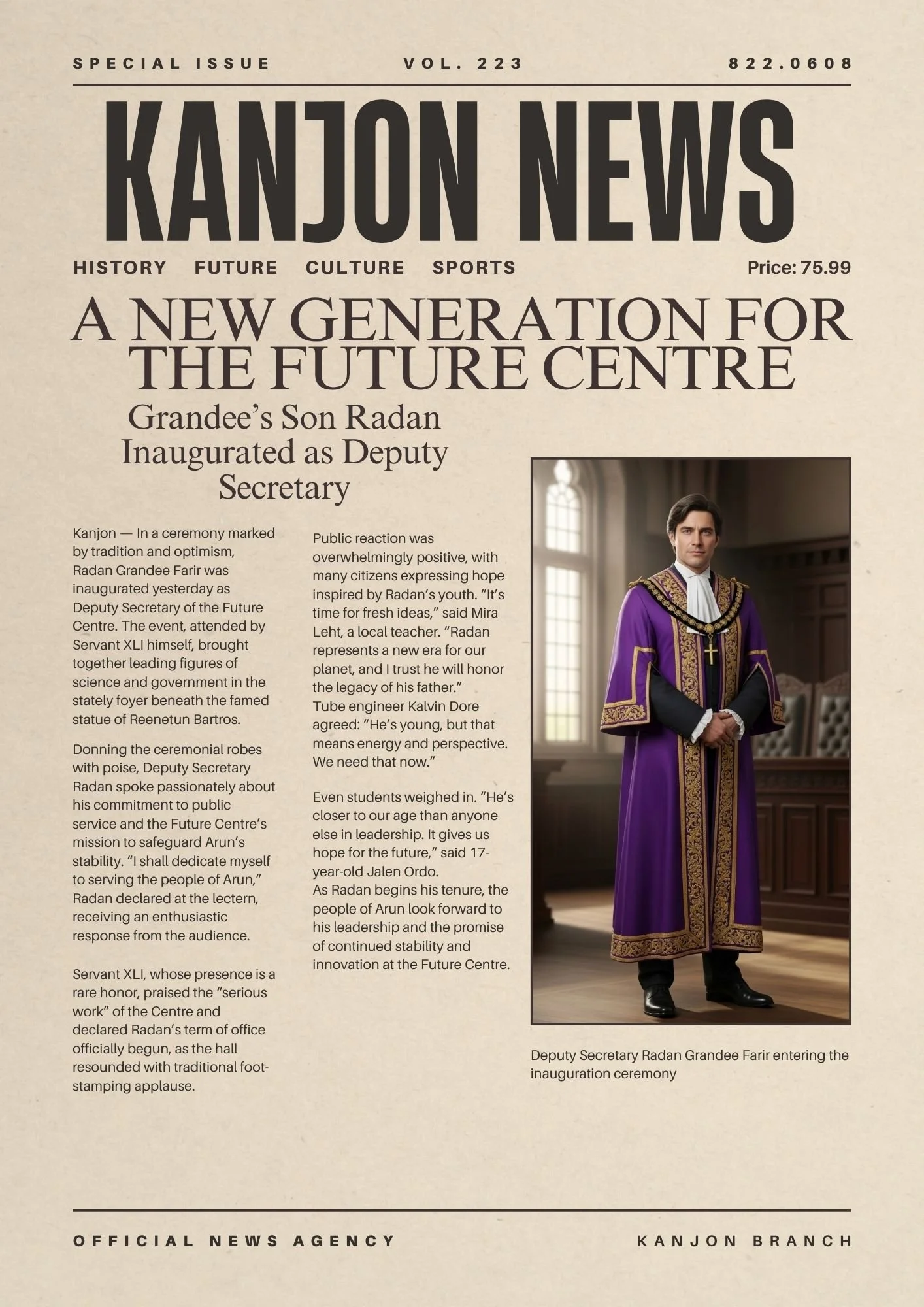 Front page of a newspaper titled "Kanjon News" with a headline about Radan Grandee Farir being inaugurated as Deputy Secretary, featuring a photo of a man in a purple and gold ceremonial robe.