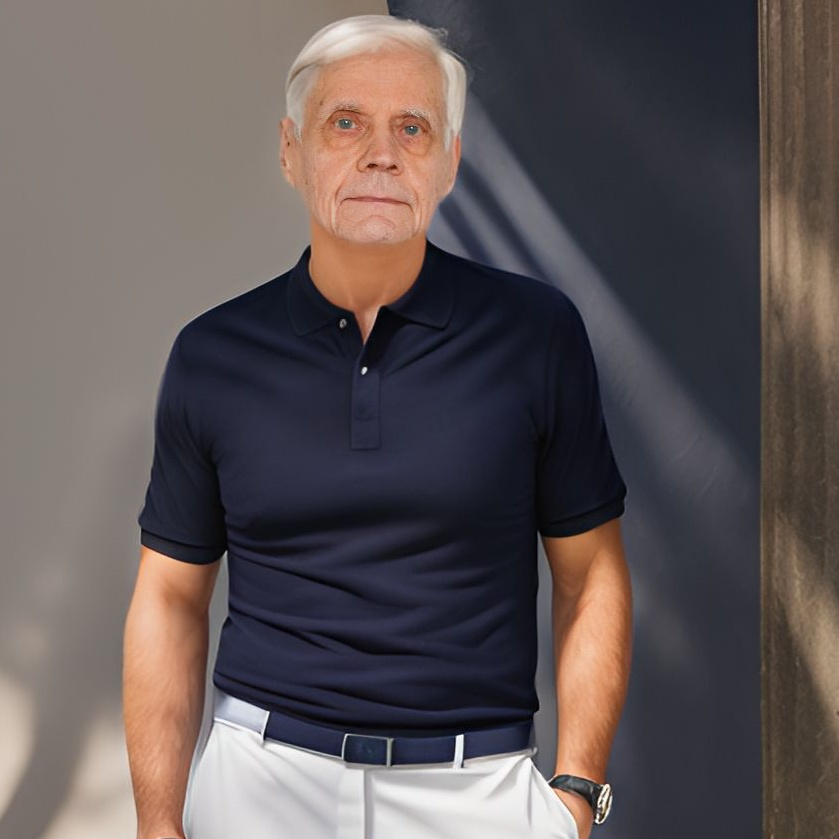 Older man with white hair wearing a navy polo shirt and white pants, standing indoors, looking at the camera.