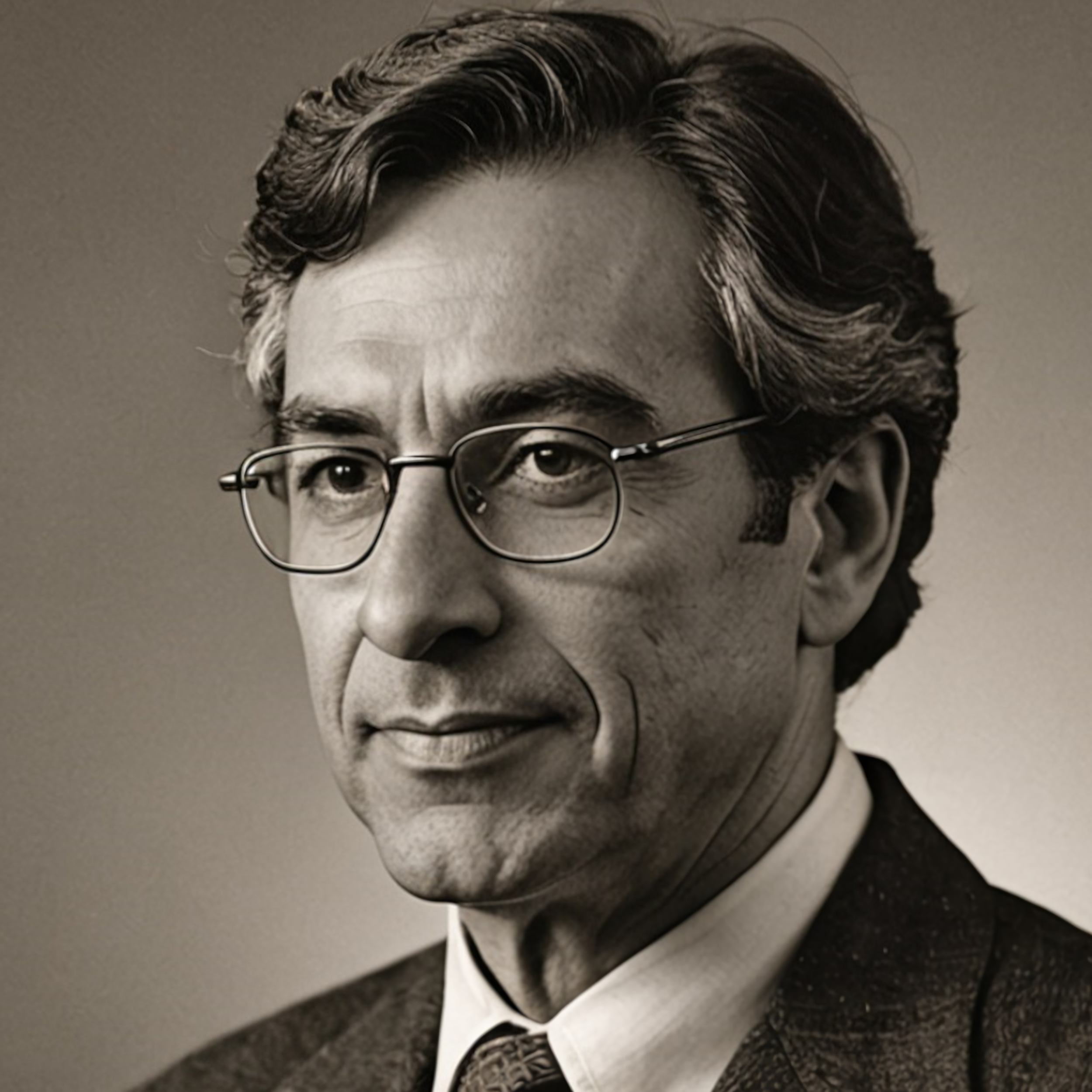 Black and white portrait of a middle-aged man with wavy hair, glasses, wearing a suit and tie.