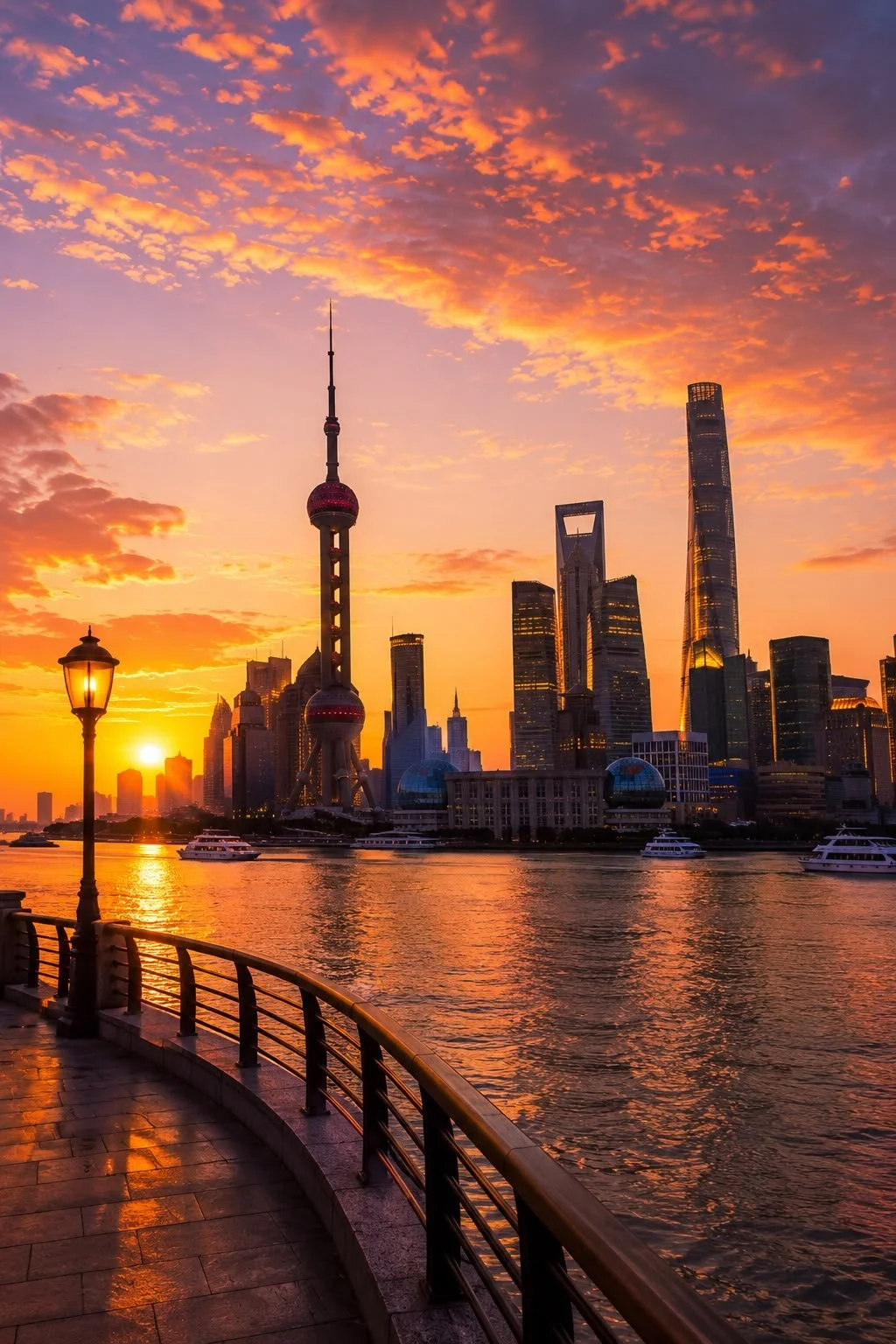 Sunset over Shanghai skyline with waterfront viewing platform and modern skyscrapers, including the Oriental Pearl Tower.