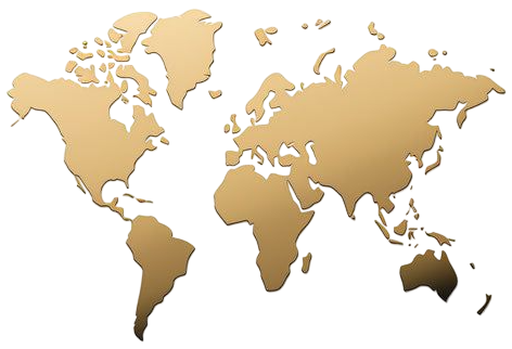 A stylized world map with countries in gold color and some landmasses with flags and lines connecting different regions.