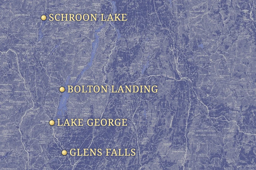 Map of the Lake George region marking Schroon Lake, Bolton Landing, Lake George, and Glens Falls