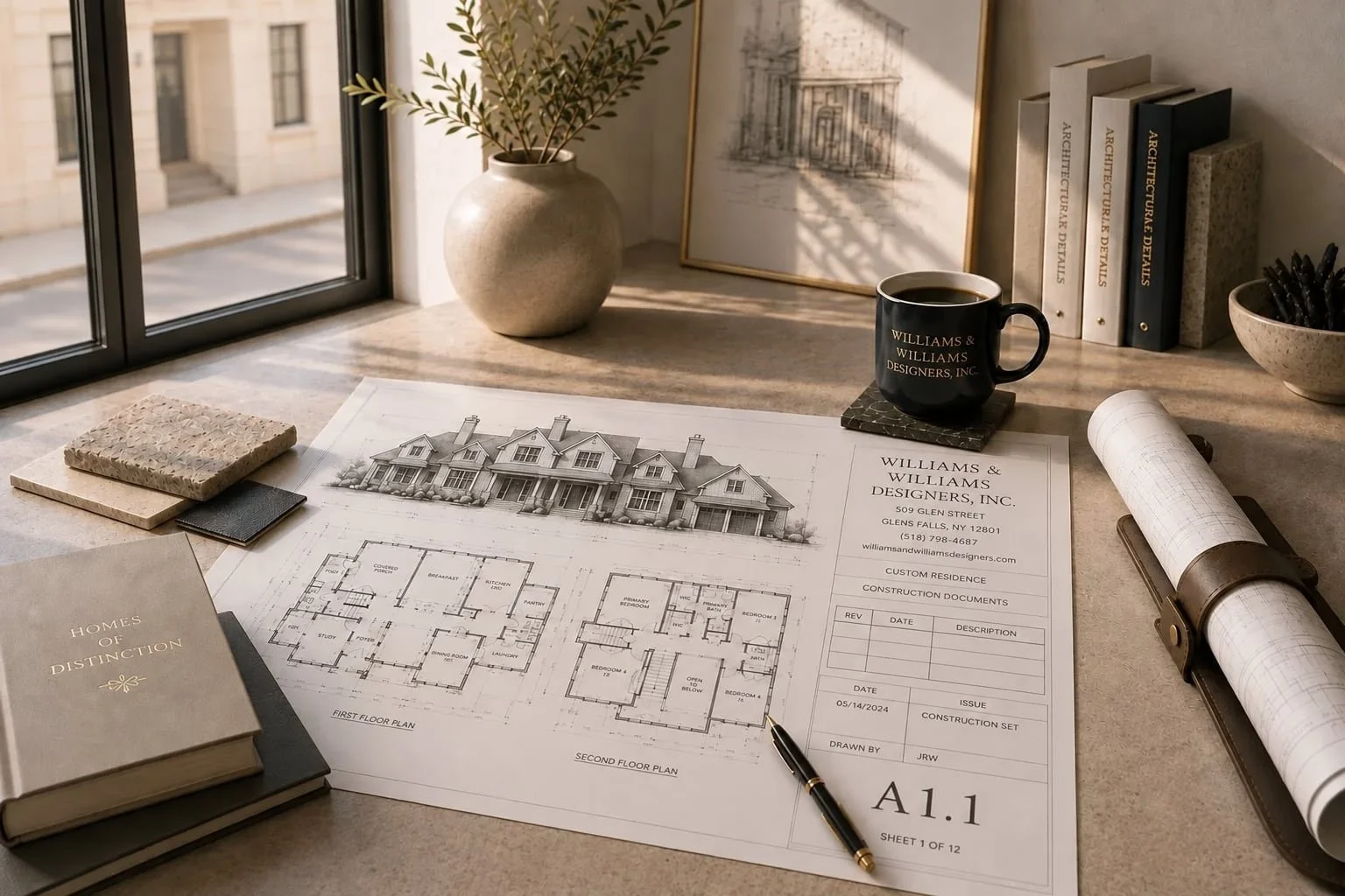Architectural workspace with house blueprints, a cup of coffee, books, a potted plant, and a pencil on a desk near a window.
