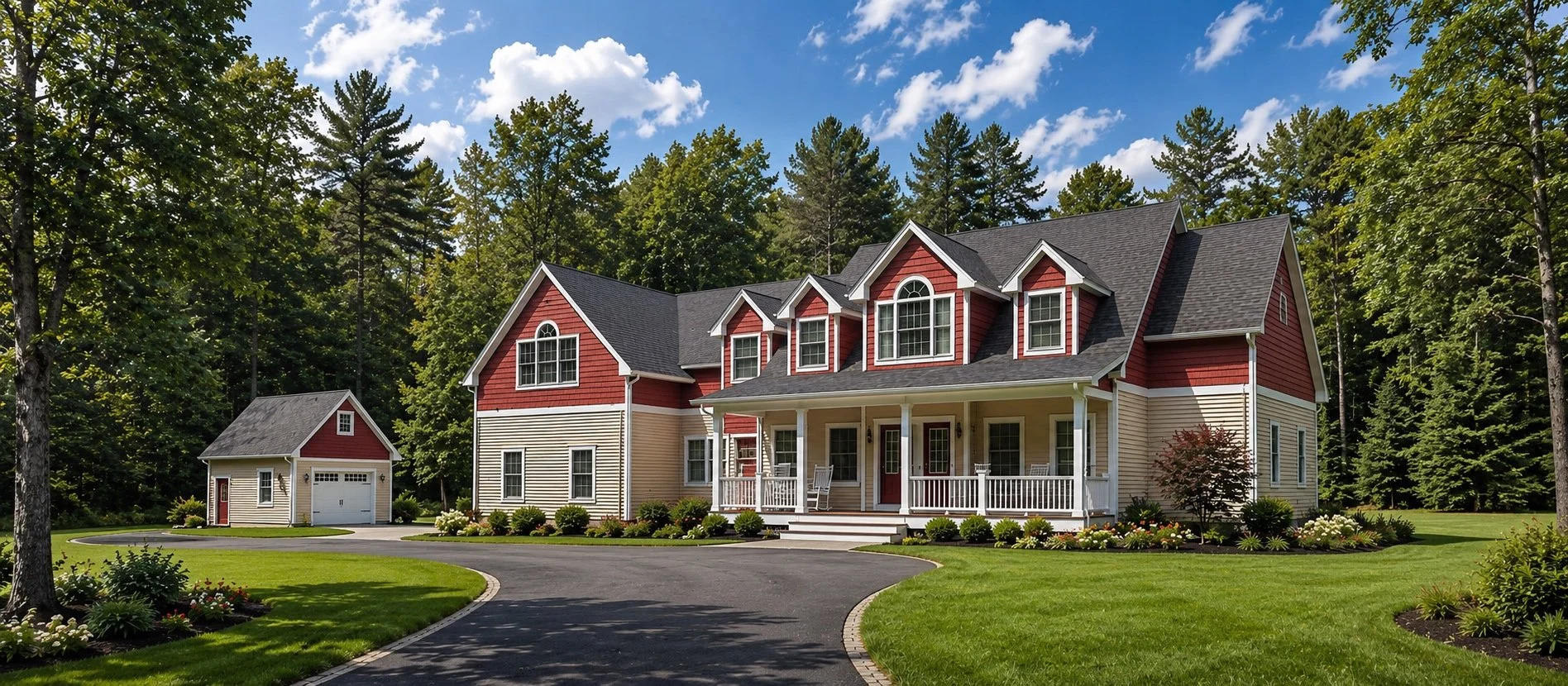 New Construction Large Spacious Red and Cream Home Porch