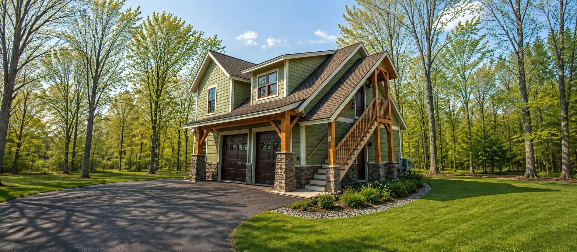 A two-story house with green siding, brown roof, and stone accents, featuring a front porch with stairs, a driveway, and surrounded by trees and a well-maintained lawn.