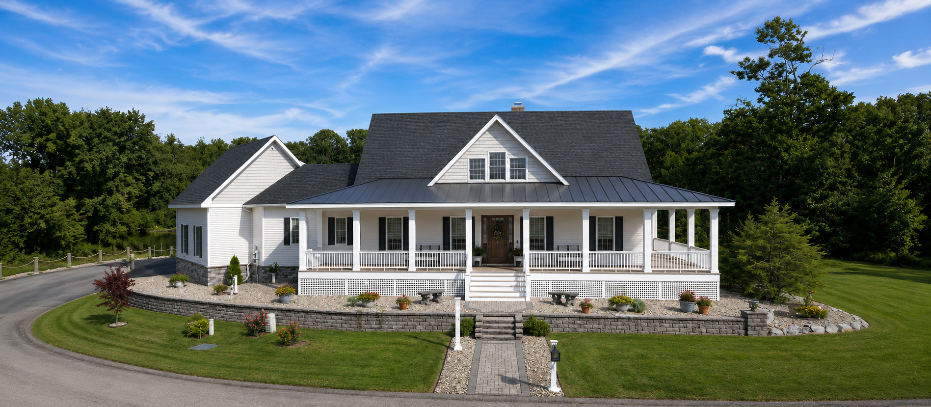 New Construction White Large Farmhouse Wraparound Porch