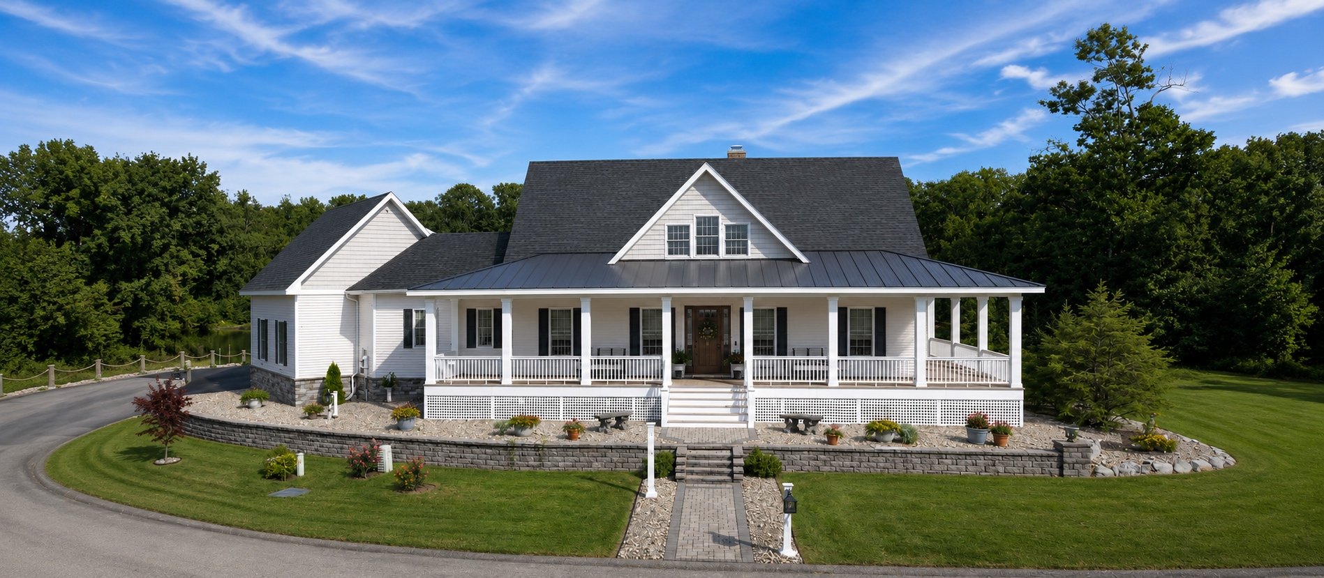 New Construction White Large Farmhouse Wraparound Porch
