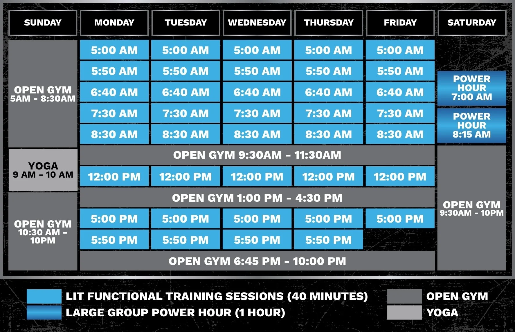 Weekly gym class schedule with time slots for lit functional training sessions, large group power hours, yoga, and open gym hours from Sunday to Saturday. The schedule includes specific times for each activity, with color coding for class types and descriptions of operation hours.