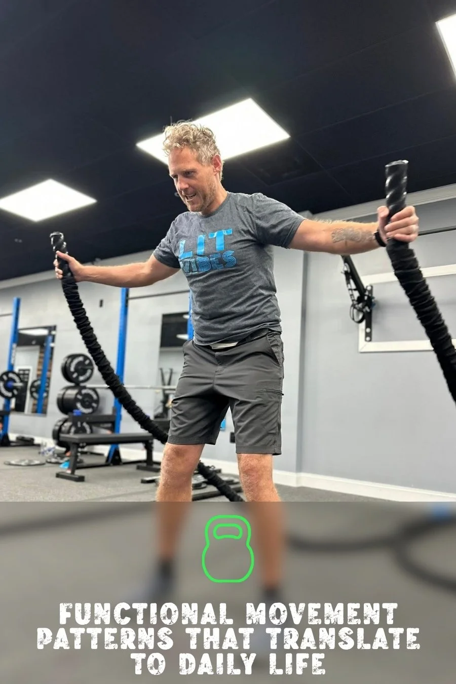 A man in a gym using battle ropes, with the text 'Functional Movement Patterns That Translate to Daily Life' at the bottom.