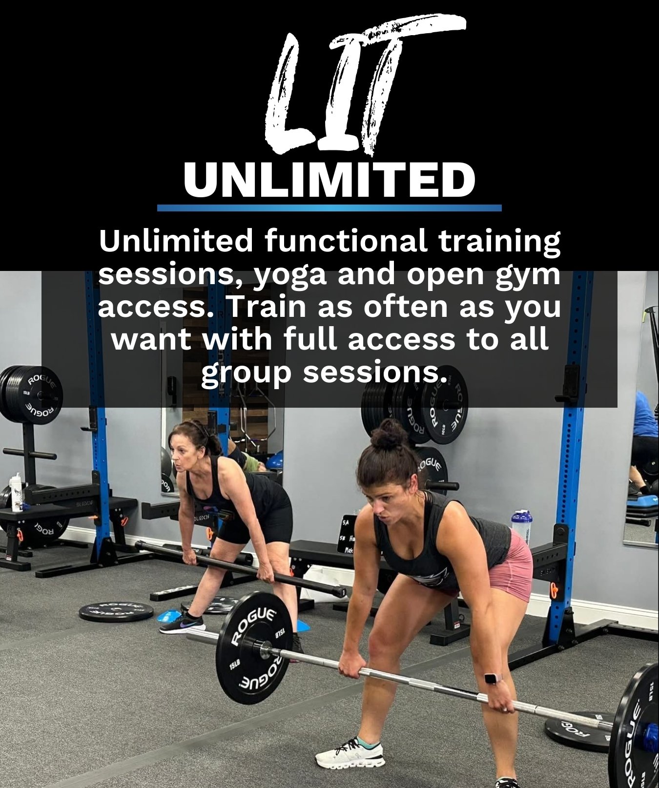 Two women lifting weights in a gym with black and blue equipment.