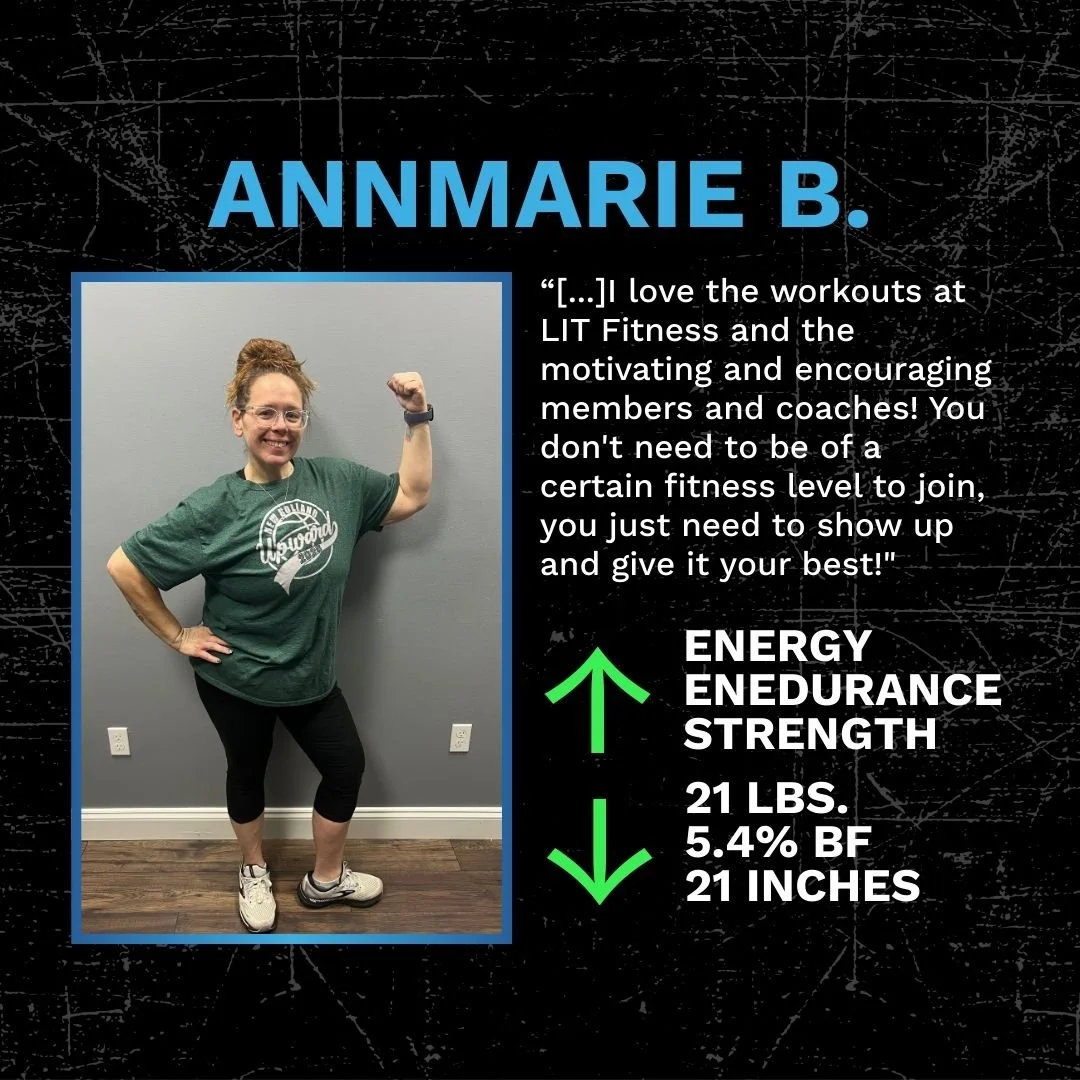 A woman flexing her right arm and smiling, wearing a green workout t-shirt, black leggings, and sneakers beside a chalkboard wall with her fitness progress and a quote about workouts and motivation.