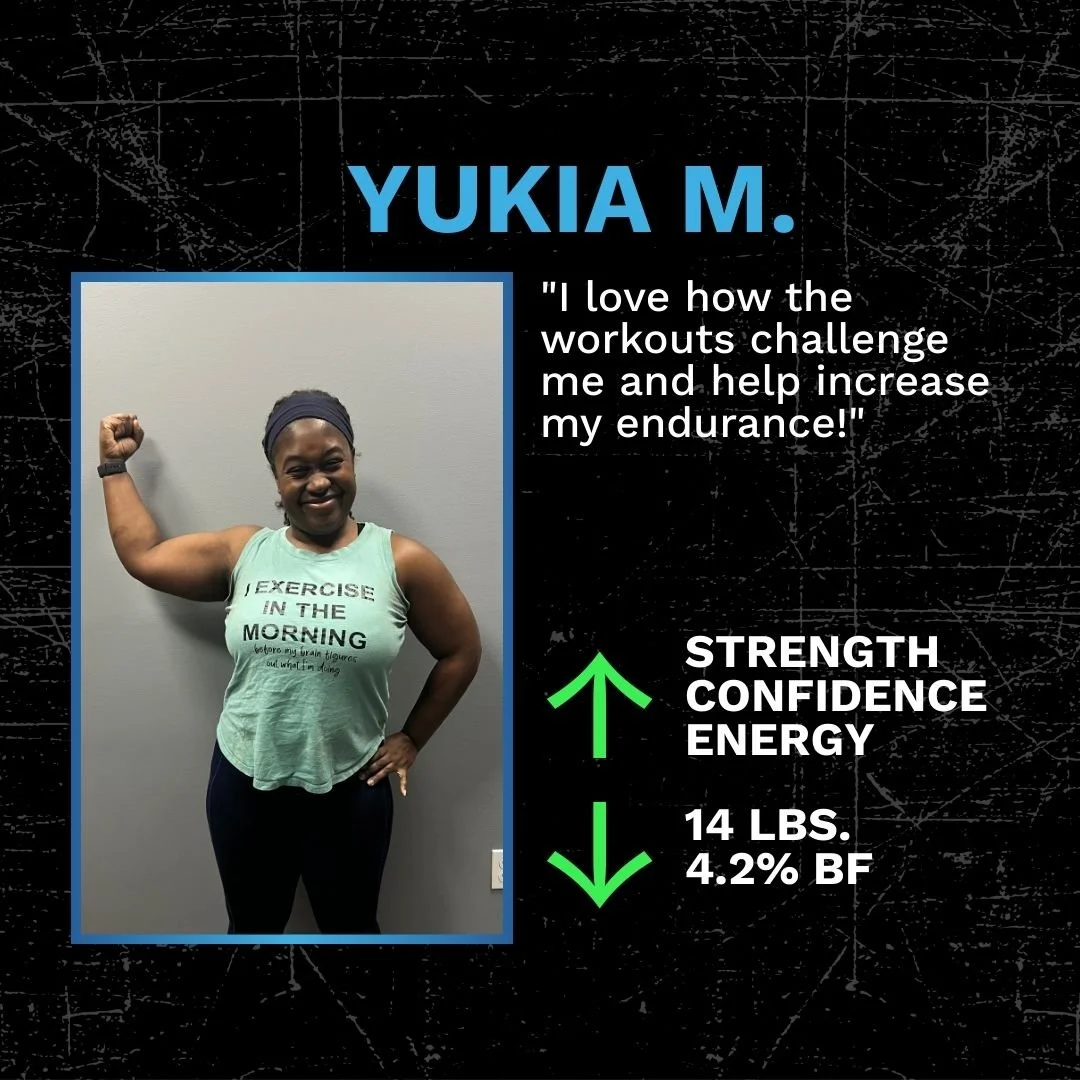 A woman smiling and flexing her arm in a gym or fitness setting, wearing a tank top that says 'I EXERCISE IN THE MORNING.' The graphic highlights her fitness achievements, including weight loss of 14 lbs and 4.2% body fat reduction, along with increa