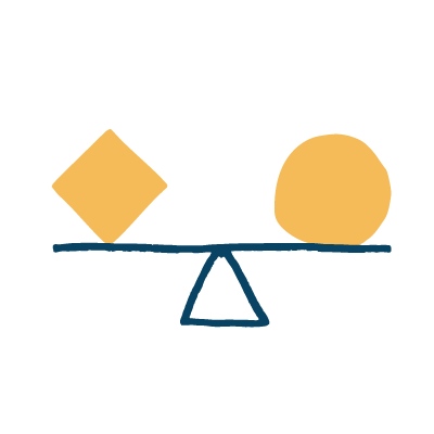 An illustration of a seesaw with a yellow diamond shape on the left and a yellow circle on the right, balanced on a central fulcrum.