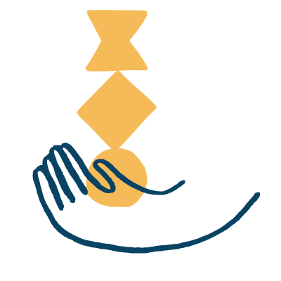 Stylized illustration of a hand holding a balancing stack of geometric shapes.