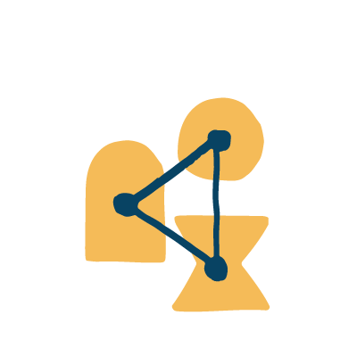 Abstract graphic with geometric shapes and connecting lines and dots, in blue and yellow colors depicting connection.