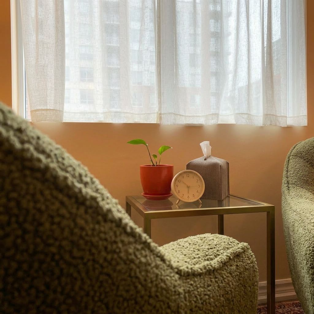 A cozy living room corner with a small side table holding a potted plant, a box of tissues, and a small clock. The table is set against a window with sheer curtains, allowing natural light to fill the space.