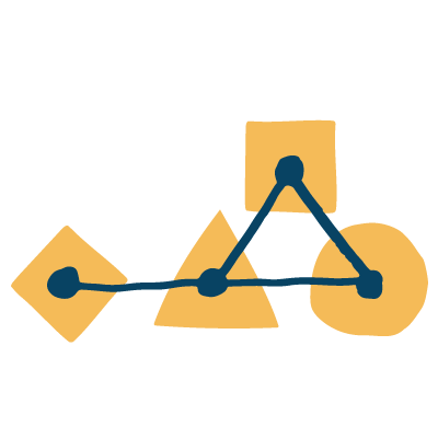 Abstract graphic with geometric shapes and connecting lines and dots, in blue and yellow colors.