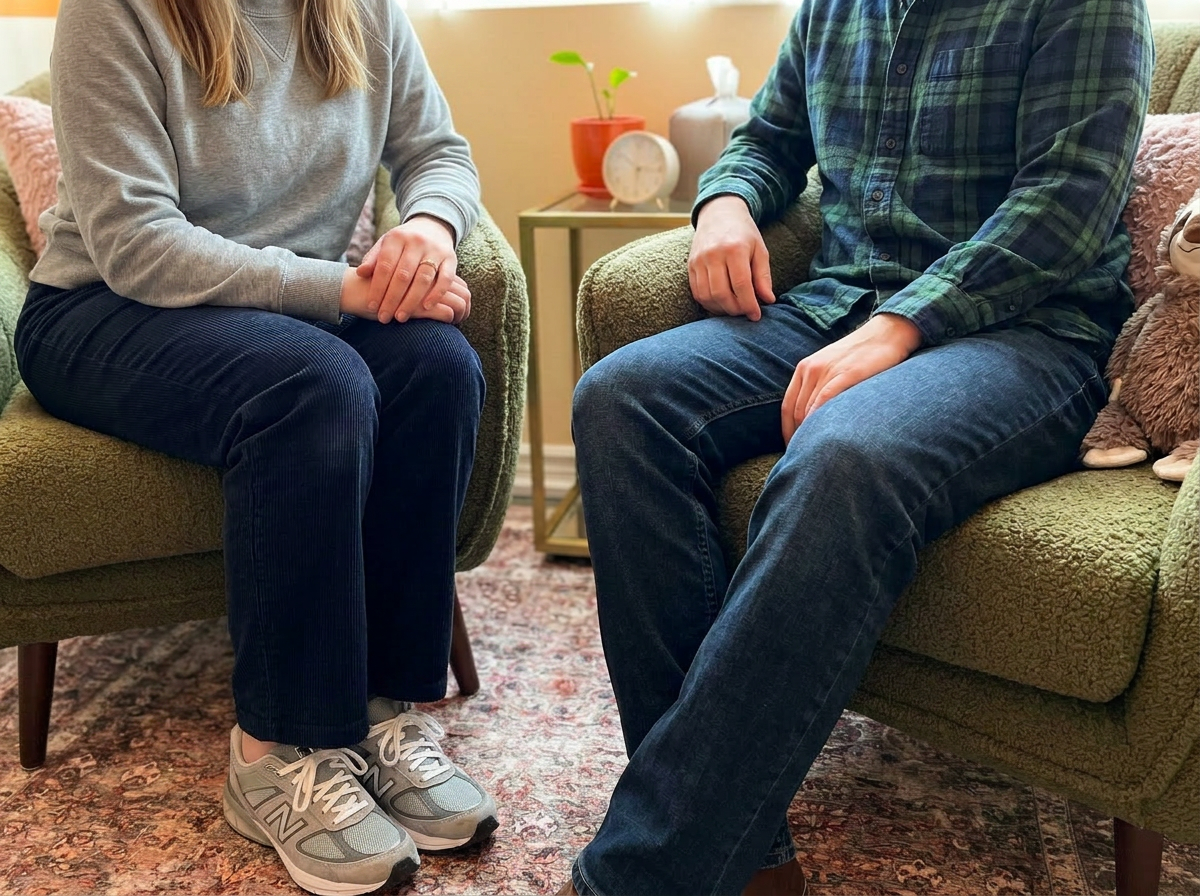 Two people sitting on green vintage armchairs with their hands resting on their laps, a side table with a plant and clock between them.