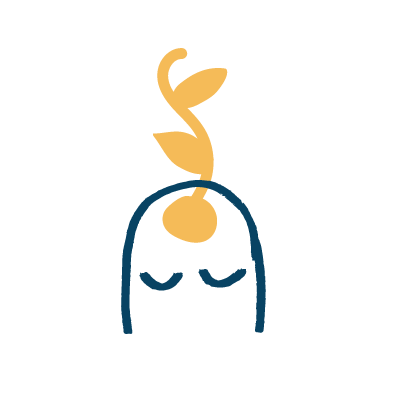 Simple illustration of a person with closed eyes and long hair, with a plant with three leaves growing from their head.