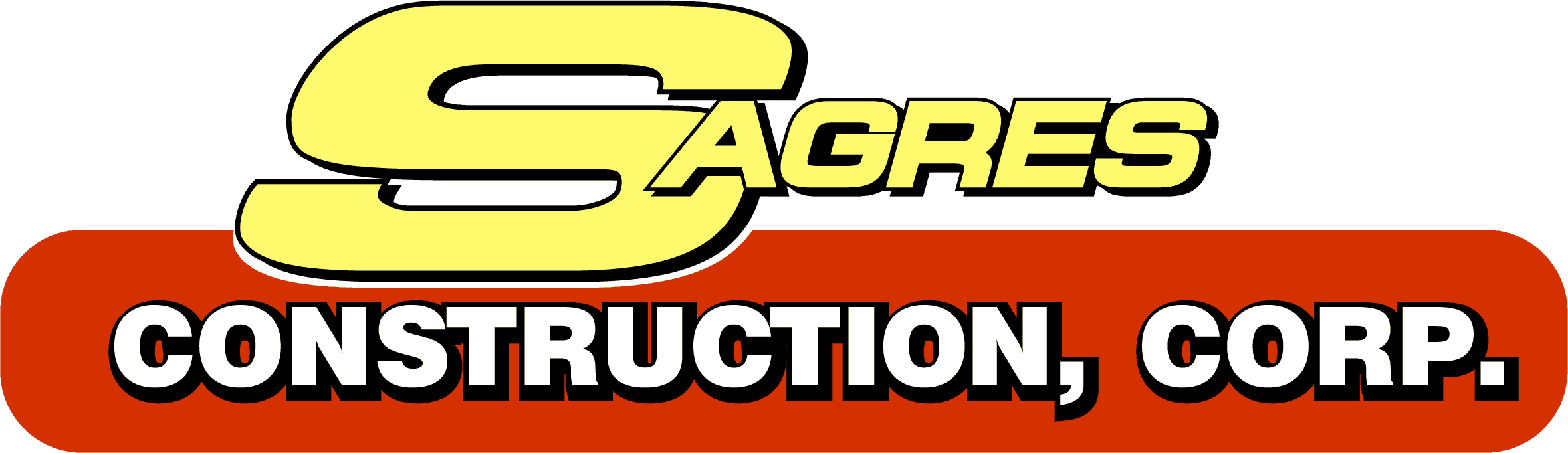 Logo of Sagres Construction Corp., with a large yellow 'S' and the word 'AGRES' in black, and 'CONSTRUCTION, CORP.' in white text on a red background.