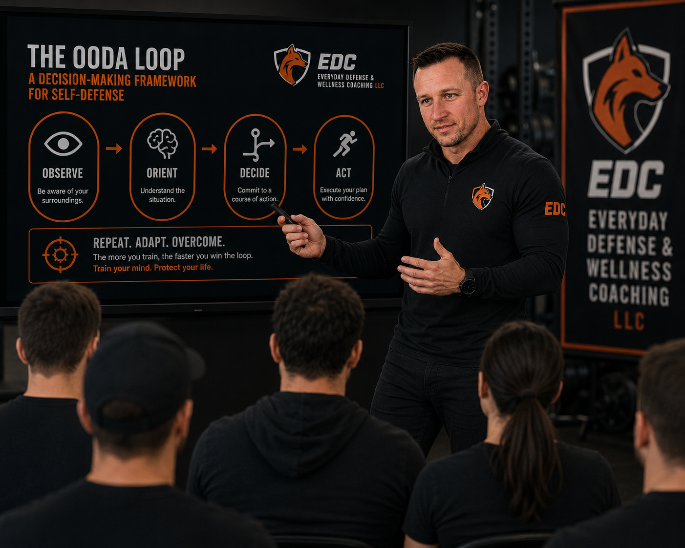 Man giving a self-defense training presentation to a group, with a large screen displaying the 'OODA Loop' decision-making framework for self-defense.