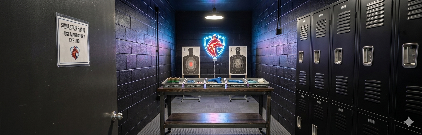 Indoor shooting range with black lockers on the right wall, neon wolf sign on the back wall, and targets set up on the back wall, with a table in front holding various ammunition and firearm accessories.