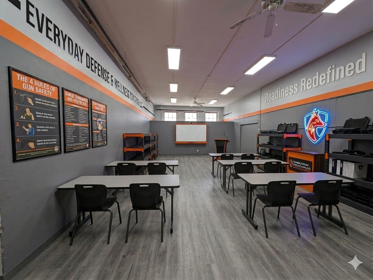 Classroom set up for a gun safety training class with desks and chairs, posters on gun safety, a whiteboard, and educational materials on shelves, with a neon logo of a stylized horse head on the wall.