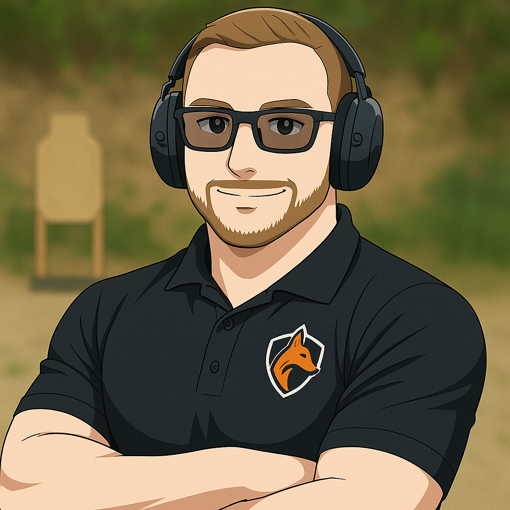 A cartoon man with brown hair, beard, and glasses, wearing a black polo shirt with a fox logo, and large headphones, standing outdoors near a shooting target.