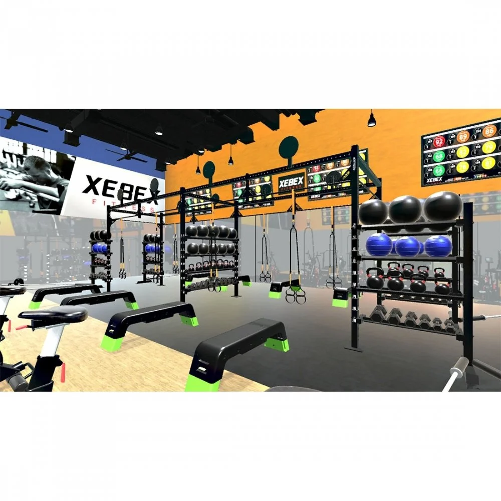 A modern gym with various workout equipment including kettlebells, medicine balls, and resistance bands, featuring vibrant orange and blue painted walls, digital screens displaying workout stats, and a raised platform with additional fitness gear.