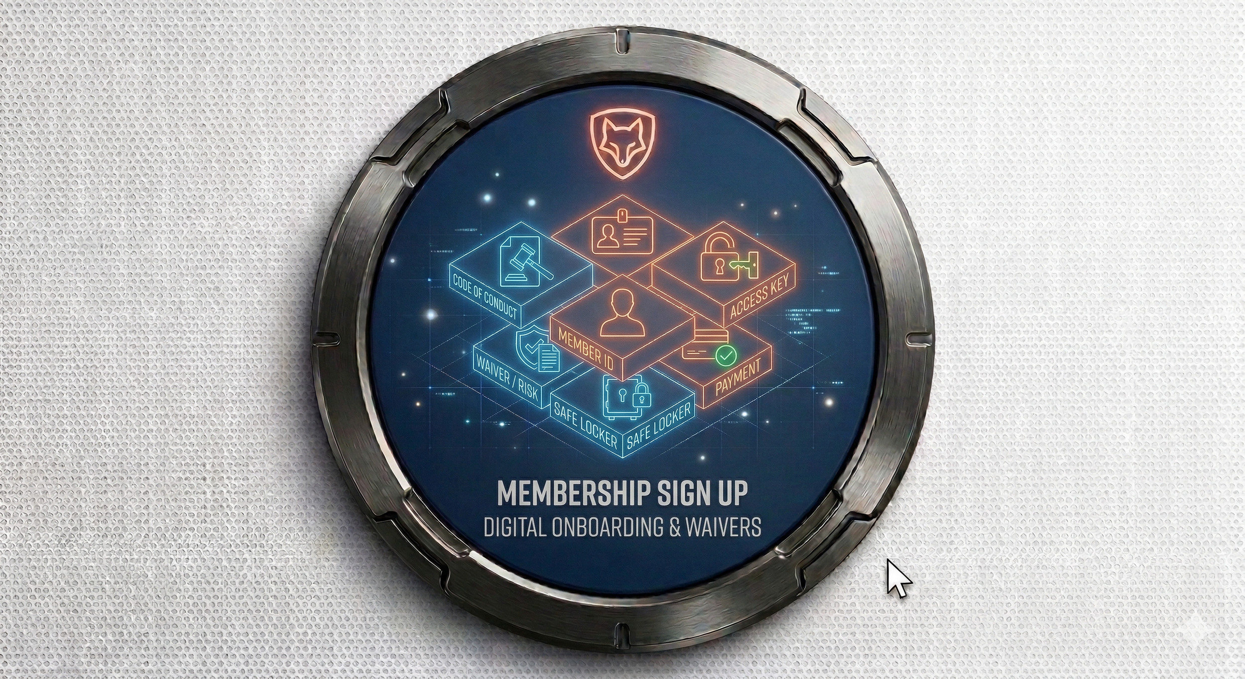 Digital membership sign-up display with various cybersecurity and onboarding icons, including member ID, code of conduct, safe locker, access key, payment, and waivers, featuring a fox logo at the top.