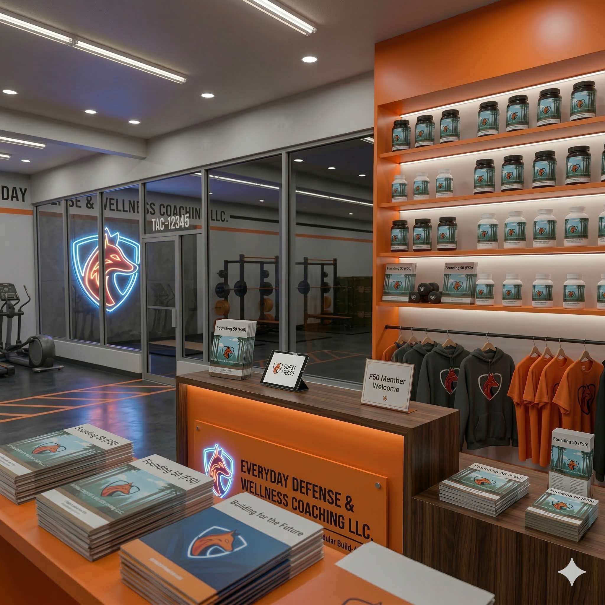 Reception desk of a fitness coaching business with branded merchandise, brochures, and signs welcoming F50 members, located inside a gym with exercise equipment visible in the background.